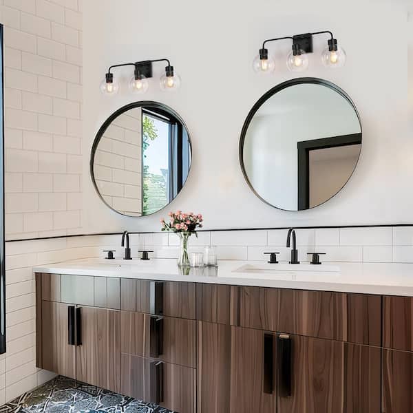 24.5 in. 3-Light Industrial Matte Black Bathroom Vanity Light, Modern Bath Lighting, Clear Globe Shade Wall Sconce