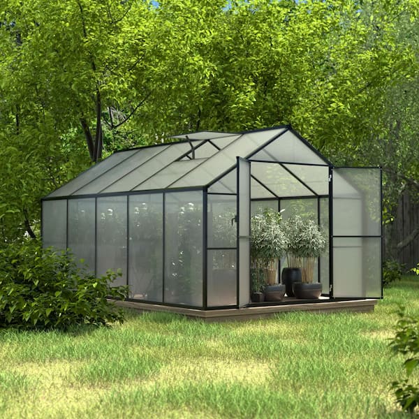 VEIKOUS 8 ft. W x 10 ft. D Polycarbonate Greenhouse for Outdoors, Green House Kit with Adjustable Roof Vent, Gray