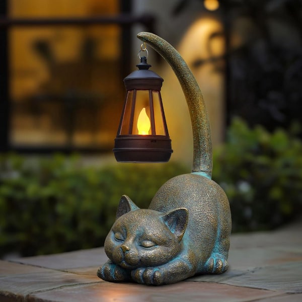 OGETFUUR 3.94 x 6.69 x 10.03 in. Resin Cat Figurine with Solar