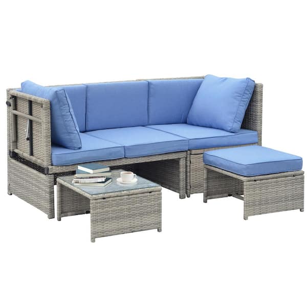 Zeus & Ruta Contemporary Gray Wicker Outdoor Chaise Lounge with Blue Cushions and Glass Top Coffee Table