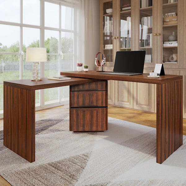 Noble House Tamerlane 90.3 in. L-Shaped Walnut Wood 3-Drawer