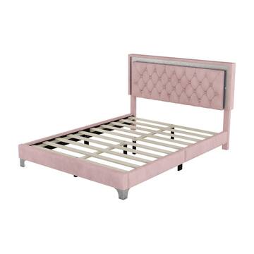 Harper & Bright Designs Pink Wood Frame Queen Size Velvet Upholstered Platform Bed with Tufted Headboard and LED Lights LHC051AAH