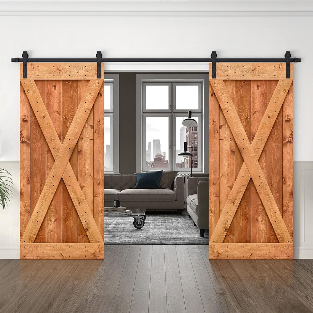 76 in x 84 in Red Walnut Knotty Pine Double Sliding Barn Door