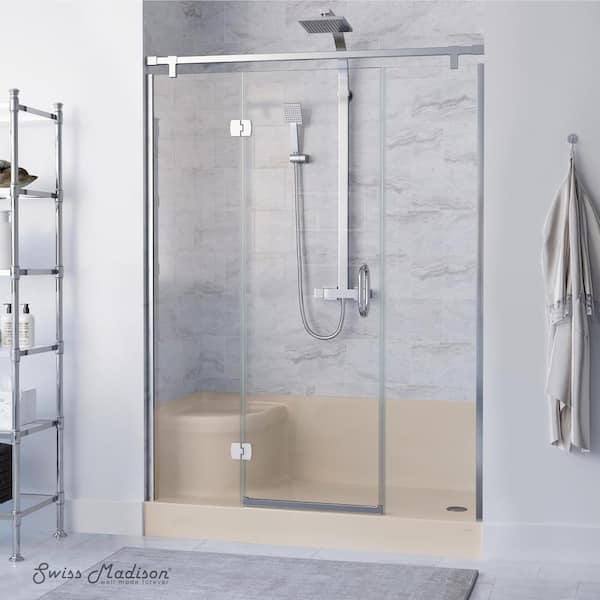 Aquatique 60 in. L x 32 in. W Alcove Shower Pan Base with Right Drain and Integral Left Hand Seat in Biscuit