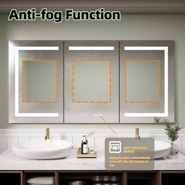 48 in. W x 30 in. H Rectangular Silver Aluminum Recessed/Surface Mount Lighted Medicine Cabinet with Mirror and Clock