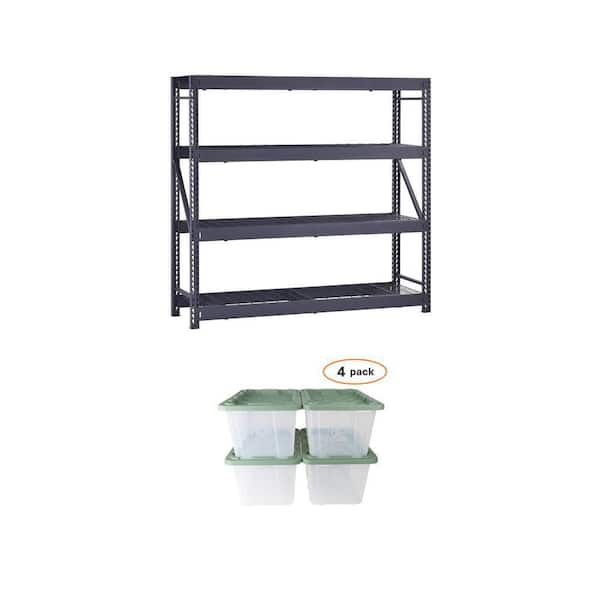 4-Shelf Metal Garage Shelving Unit (77 in. x 72 in. x 24 in.) and 27 Gal. Storage Tote with Green Lid (4-Pack)