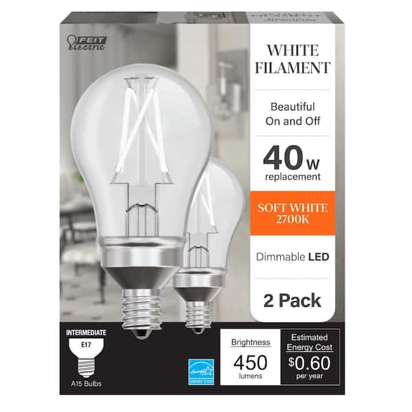 Feit Electric 40-Watt Equivalent A15 Dim White Filament CEC Clear Ceiling Fan E17 Intermediate LED Light Bulb Soft White 2700K(2-Pack)