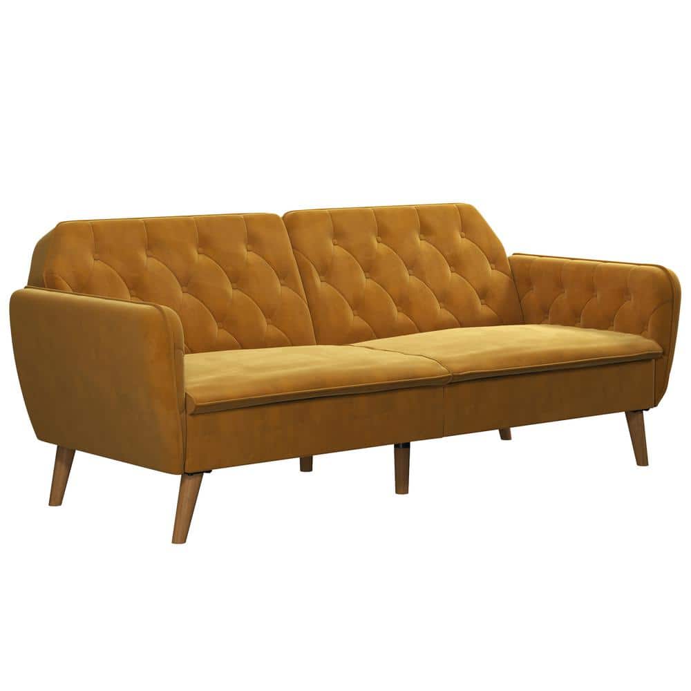 Mustard Faux Leather Tufted Twin Sleeper Sofa with Memory Foam