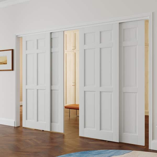 120 in. x 80 in. MDF Solid Core White Painted Double 6-Panel Sliding Door with All Hardware