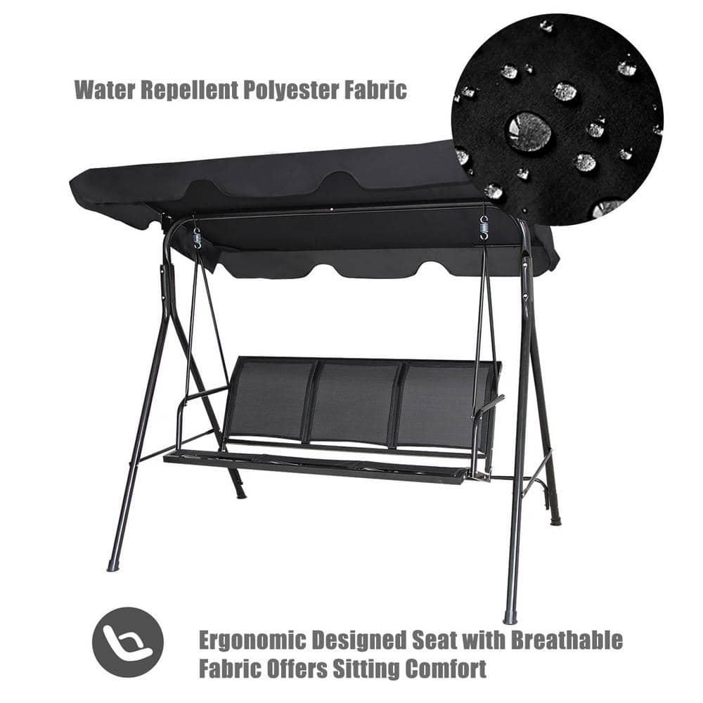 Black Powder Coated Steel 3-Person Outdoor Patio Swing with Adjustable Canopy