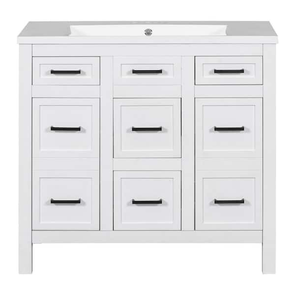 36 in. W x 18 in. D x 34 in. H Single Sink Bathroom Vanity in White with Resin Top Integrated Sink (4-Drawers, 2-Doors)