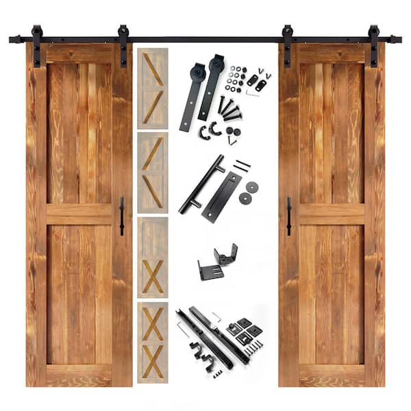 HOMACER 22 in. x 80 in. 5 in. 1 Design Early American Double Pine Wood Interior Sliding Barn Door Hardware Kit, Non-Bypass