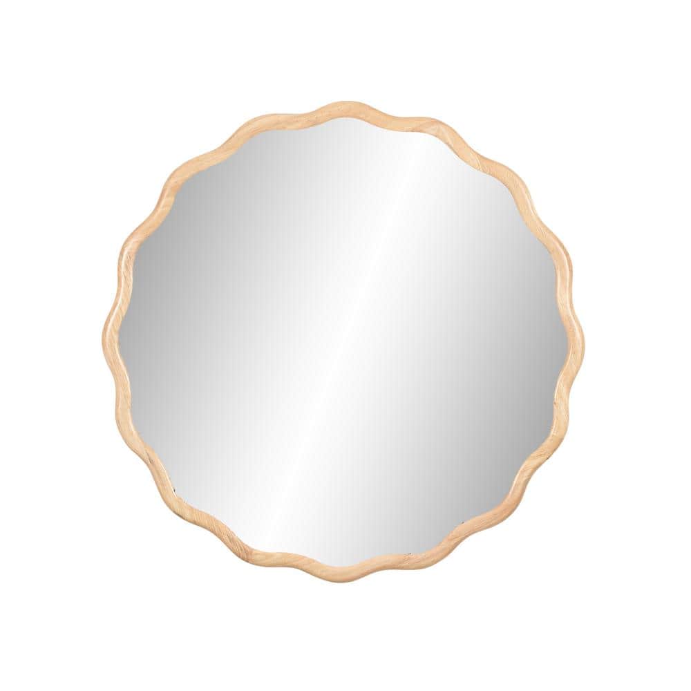 42 in. W x 42 in. H Wavy Round Framed Natural Wood Mirror Vanity Mirror Wal