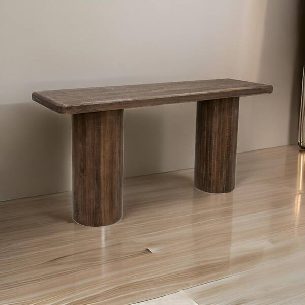 Benjara 18 in. Brown Wooden Rectangle Console Table with Round Pedestal Stand