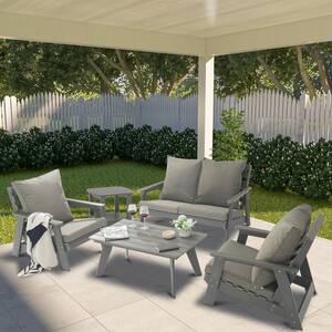 5-Piece Metal Patio Conversation Set Sectional Seating Set with HIPS Plastic Rectangular Coffee Table and Gray Cushions