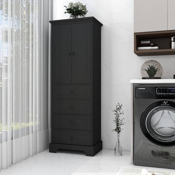 EPOWP 23.6 in. W x 15.7 in. D x 68.1 in. H Black MDF Board Freestanding Linen Cabinet with Adjustable Shelves in White