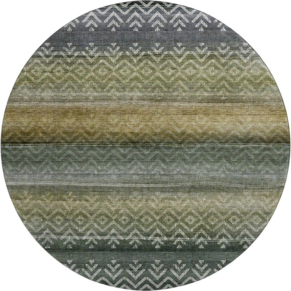 Mayfield Premium Machine Washable Abstract AMF2042 Green 8 ft. x 8 ft. Round Rug