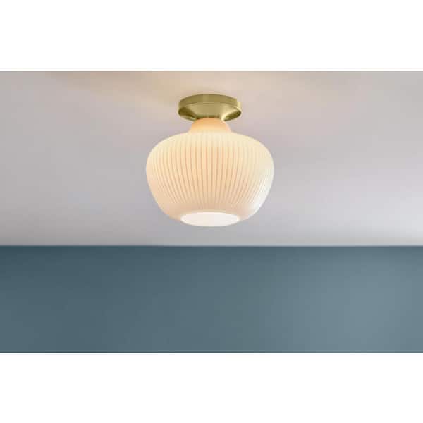Home Decorators Collection Pompton 12 in. 1-Light Gold Semi-Flush Mount Ceiling Light Fixture with White Ribbed Glass