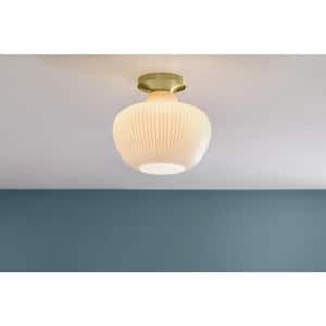 Pompton 12 in. 1-Light Gold Semi-Flush Mount Ceiling Light Fixture with White Ribbed Glass