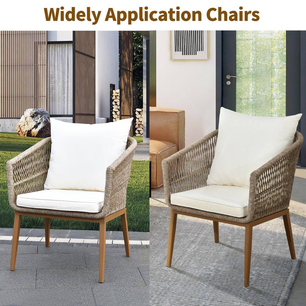 Tan Wicker Dining Chair with Cushions and Steel Frame