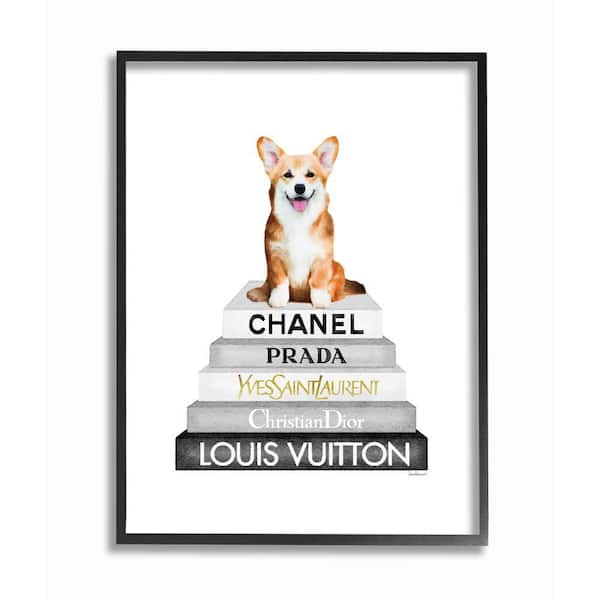 Stupell Industries "Smiling Corgi Puppy on Glam Fashion Icon Bookstack" by Amanda Greenwood Framed Animal Wall Art Print 11 in. x 14 in.