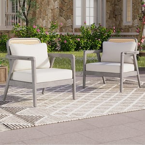 Patio Light Grey Wood Outdoor Lounge Chair with Cream Cushions, Set of 2