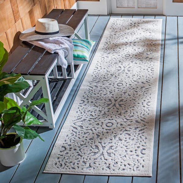 Cabana Ivory/Gray 2 ft. x 11 ft. Border Medallion Indoor/Outdoor Patio  Runner Rug