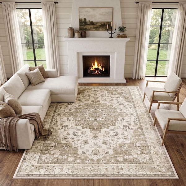 8 ft. x 10 ft. Light Khaki Vintage Washable Area Rug for Living Room, Soft Stain Resistant Carpet with Non-Slip Backing