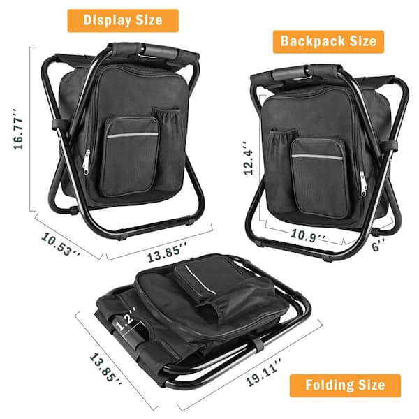 Black Metal Folding Stool Backpack Insulated Cooler Bag Camping Hunting Fishing Chair