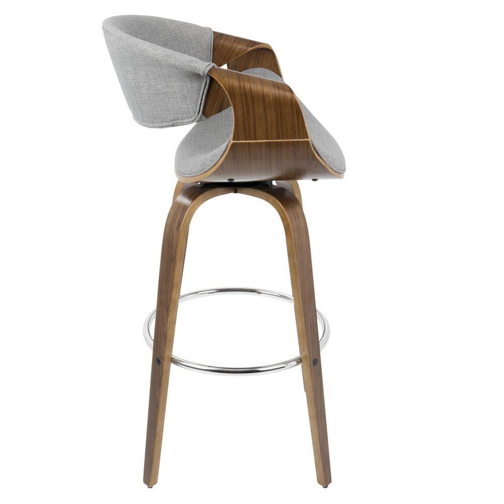 Walnut Wood & Grey Fabric Swivel Barstool with Mid-Century Charm