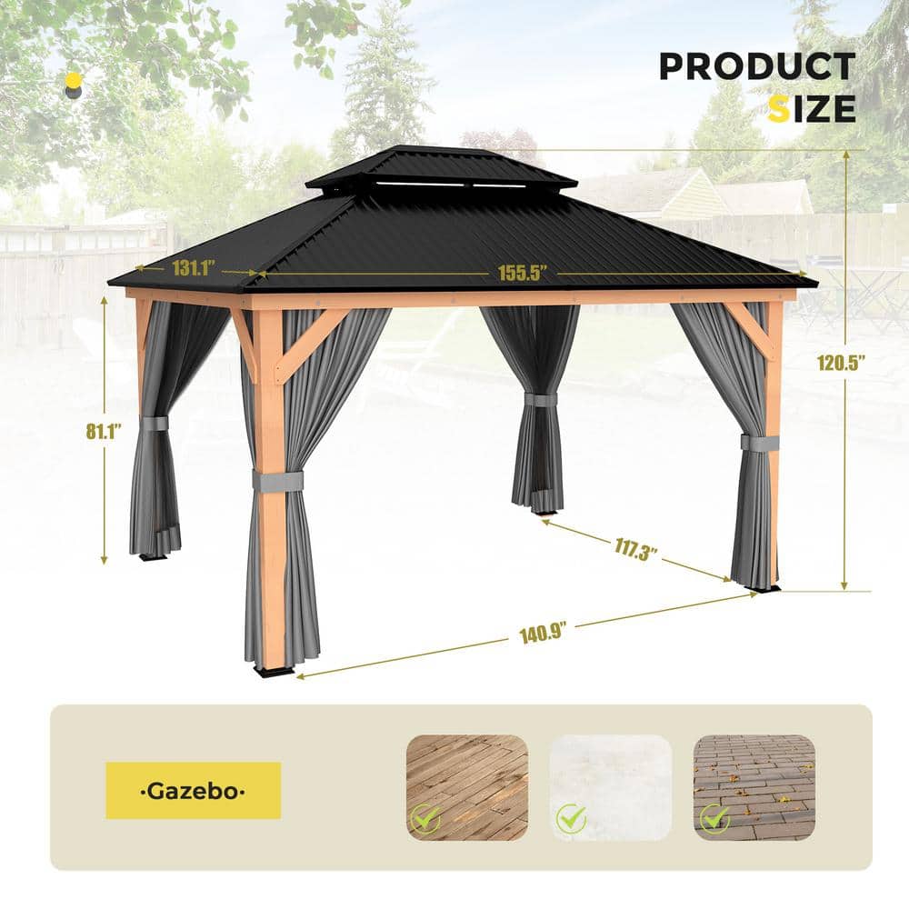 11' x 13' Wooden Patio Gazebo with Black Metal Roof and Gray Curtains