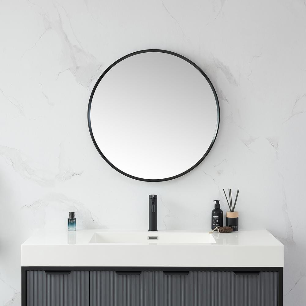Cascante 28 in. W x 28 in. H Metal Framed Round Bathroom Vanity Mirror in Black price history on PriceWatchPro