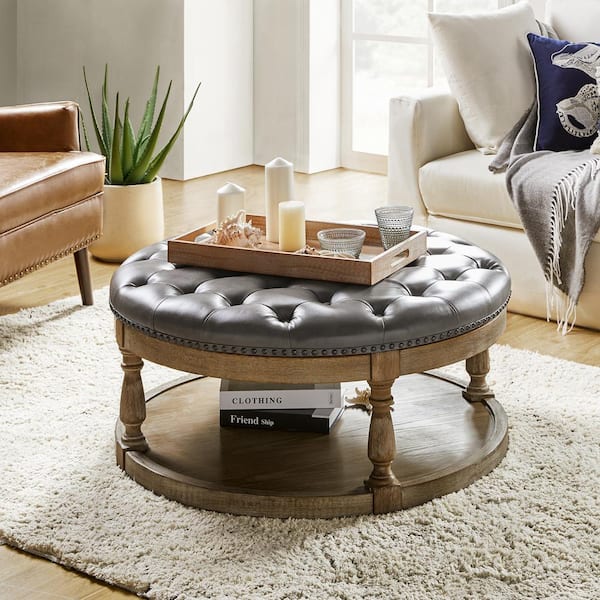 JAYDEN CREATION Chloe Grey 35.5 in. Wide Vegan Leather Tufted Transitional Square Coffee Table Ottoman with Solid Wood Legs