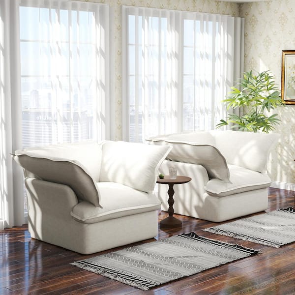 Set of 2 Linen Accent Arm Chair with Cloud Overstuffed Deep Seat Cushion and Pine Wood Frame in White