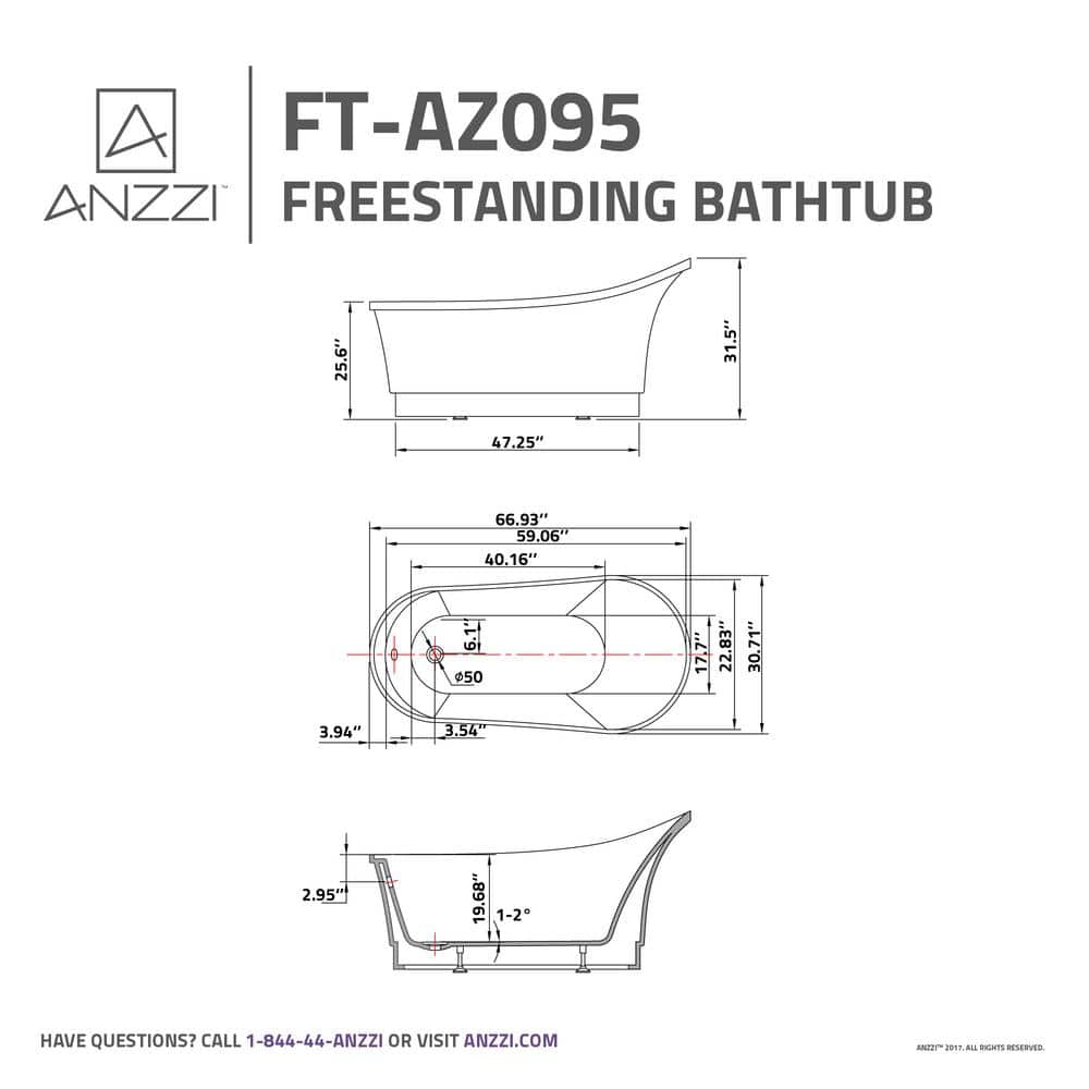 Prima 67'' Glossy White Acrylic Freestanding Soaking Bathtub