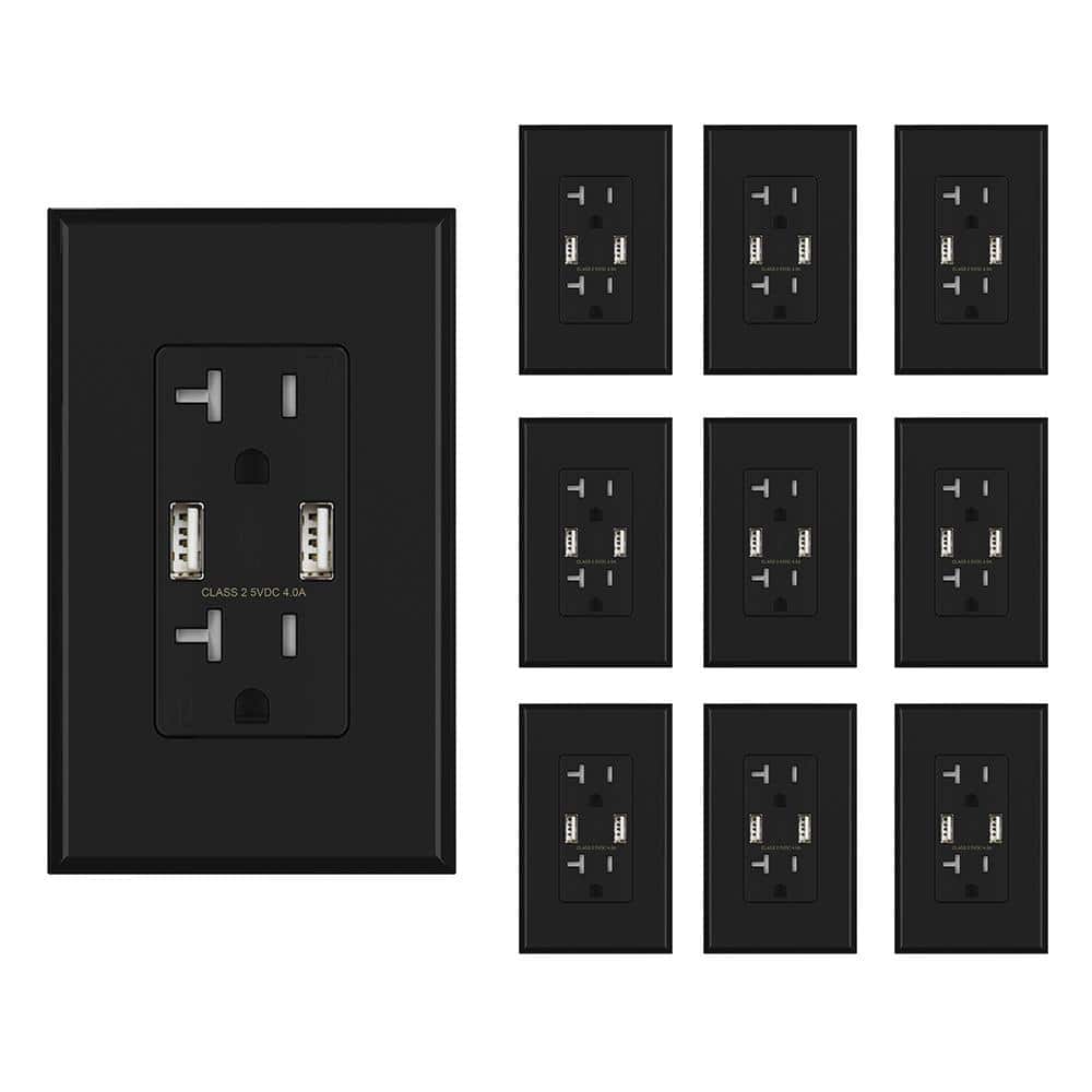 ELEGRP 4.0 Amp USB, Dual Type A In-Wall Charger with 20 Amp Duplex Tamper Resistant Outlet, Black (10-Pack) -  R1620D40-BL10