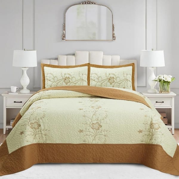 MarCielo 522 Gold Flora Embroidery Queen Size Polyester Quilt Bedspreads Set
