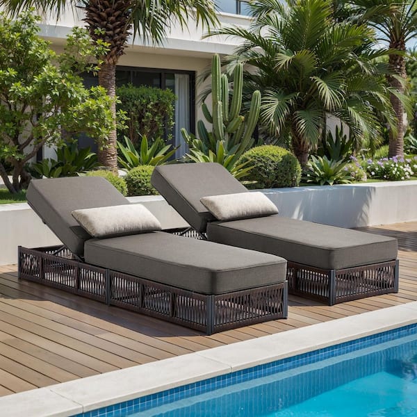ArcoBay Brown Wicker Outdoor Chaise Lounge with 5 in. Thick Gray Cushions (2-Pack)