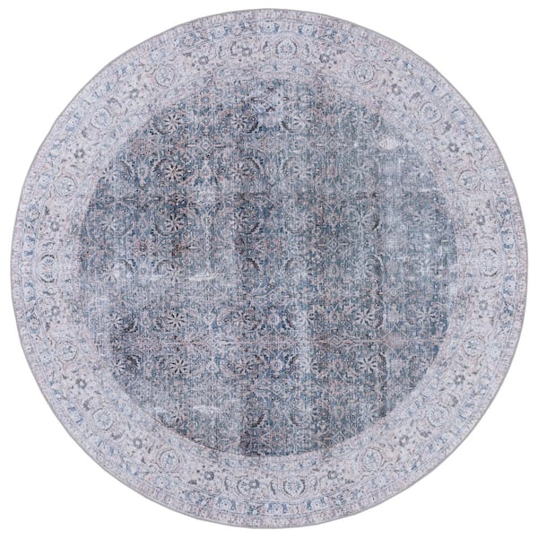 SAFAVIEH Tucson Green Blue/Beige 6 ft. x 6 ft. Machine Washable Distressed Floral Border Round Area Rug