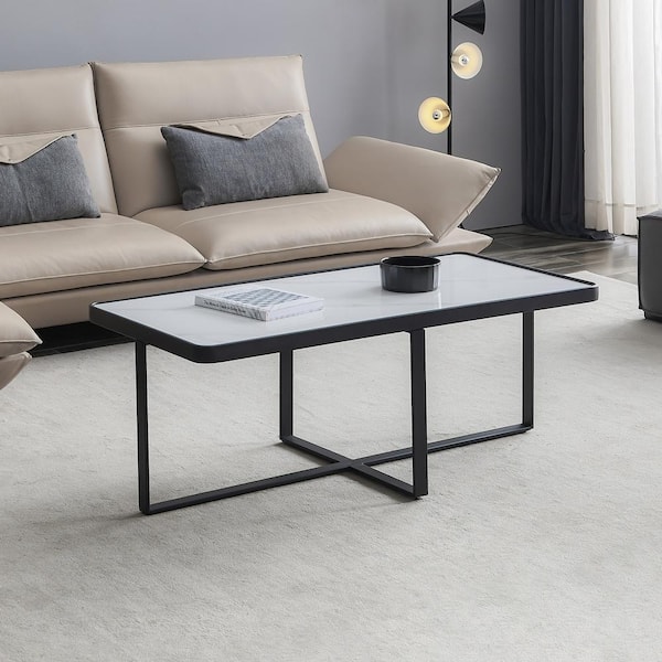 J&E Home 47.24 in. Minimalism Rectangle Sintered Stone Tabletop Coffee Table with Metal Frame