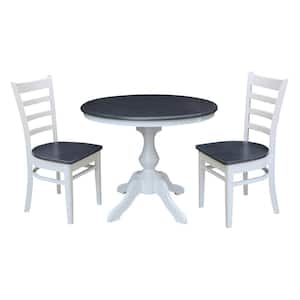 Set of 3-pcs - White/Heather Gray 36 in. Round Extension Dining table with 2-RTA chairs