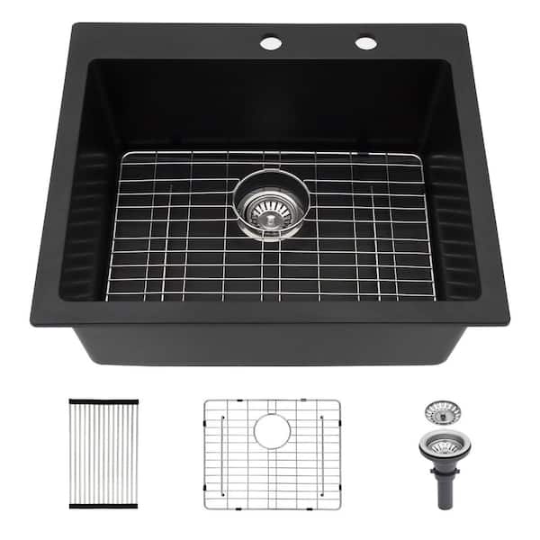 25 in. Drop in/Topmount Single Bowl Black Granite Quartz Composite Kitchen Sink with Bottom Grid and Accessories