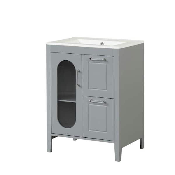 Lycvki 24 in. W x 18.3 in. D x 33.2 in. H Freestanding Bath Vanity with Sink in Gray with White Ceramic Top and 2-Drawers