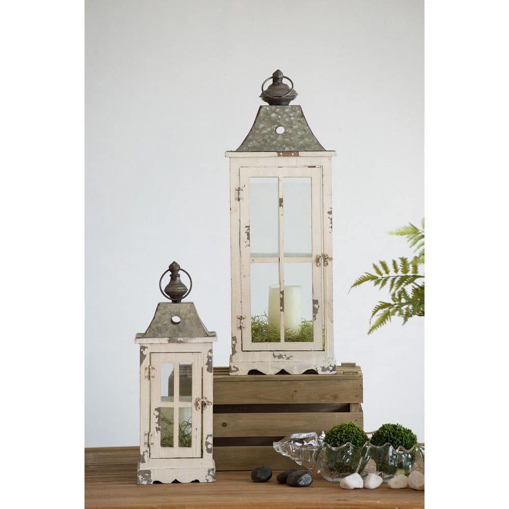 27.4 in. H Vintage Ivory White Wood Decorative Candle Lantern with