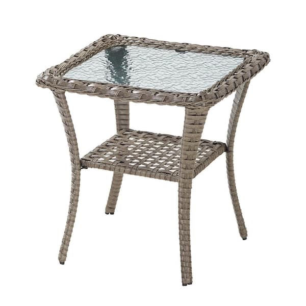 Pocassy Flat Armrest Series Gray Square Wicker Outdoor Glass Side Table