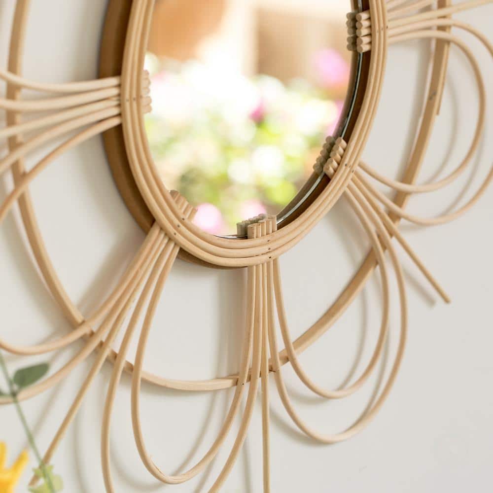 Flower Shape Woven Rattan Wood Round Sunburst Wall Mirror