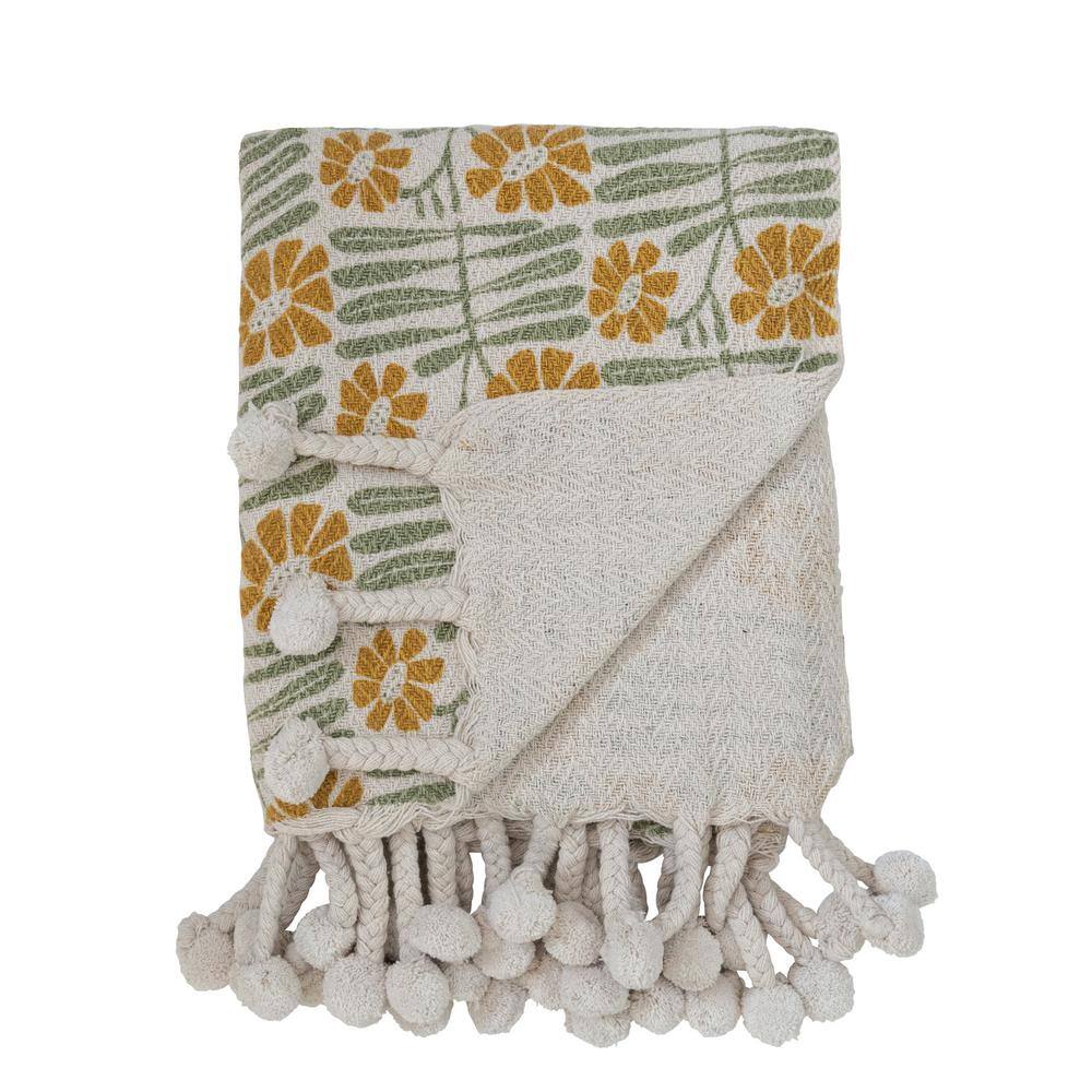 Sage and Mustard Floral Cotton Blend Throw with Pompom Tassels