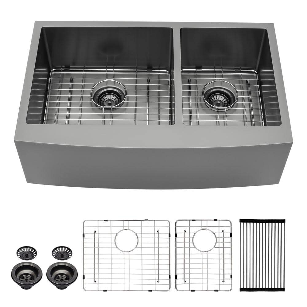 Gunmetal Black 16-Gauge Stainless Steel 36 in. Double Bowl 60/40 Farmhouse Apron Kitchen Sink -  Logmey, 64-AL36BR