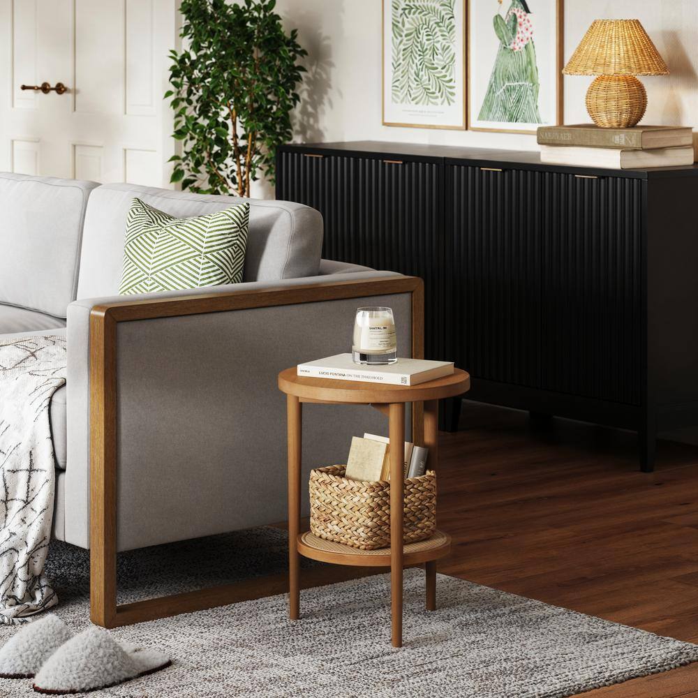 Honey Brown Round Wood Side Table with Rattan Shelf