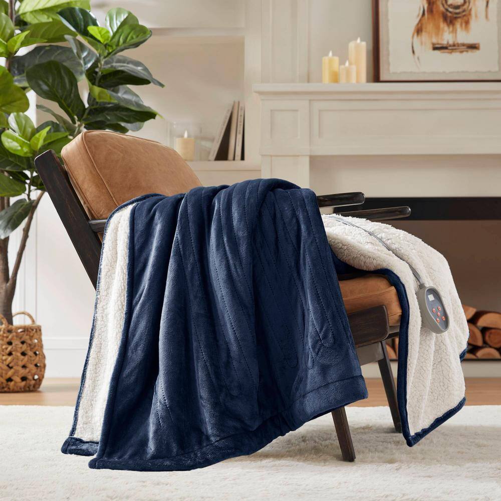 Indigo Twin Reversible Sherpa Knitted Heated Blanket